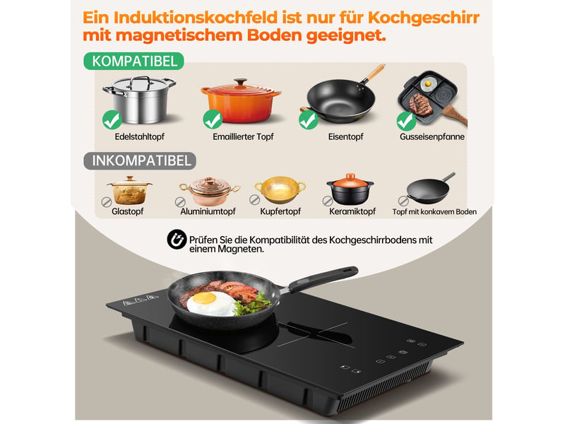  Plaque à induction 2 foyers 3300 w, plaque induction encastrable 30 cm, tactile, verre noir, 9 niveaux et minuterie  - Conforama R