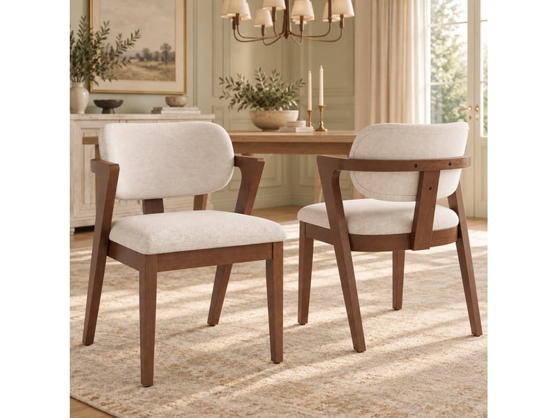  Lot de chaises de salle à manger avec accoudoirs en bois, tissu en lin, noyer et beige  - Conforama D