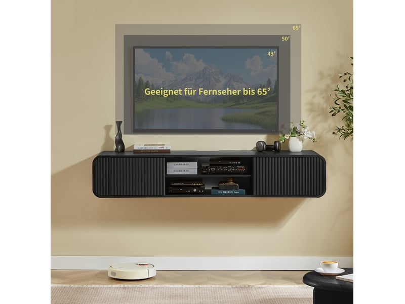  Meuble tv mural avec 2 portes et 2 niches ouvertes, passe-câbles et angles arrondis pour salon et chambre, noir  - Conforama D