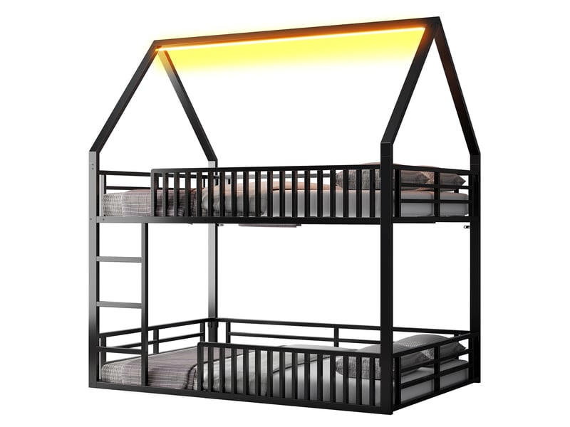  Lit superposé maison 140x200 cm noir, avec garde-corps, led 7 couleurs, structure métal, sommier inclus, sans matelas  - Conforama A