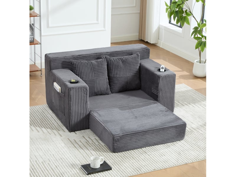  Canapé convertible 2 places avec coussins, poches latérales et porte-gobelet en velours côtelé gris  - Conforama B