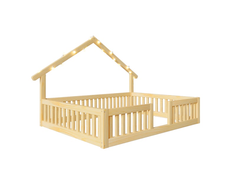  Lit cabane enfant 140 x 200 cm naturel en bois, barrières de sécurité et guirlande led à interrupteur  - Conforama D