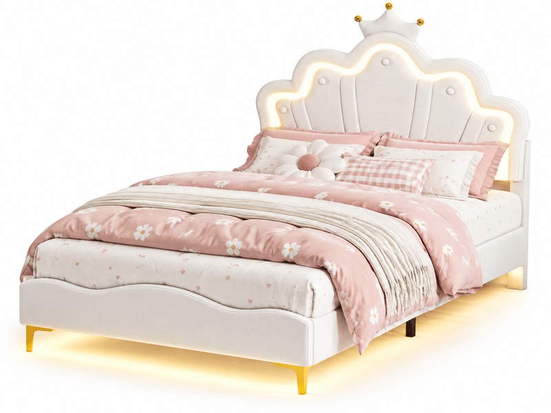 Lit double enfant 140x190 avec led, lit princesse fille avec tête de lits réglable et sommier à lattes, pu blanc - Conforama A
