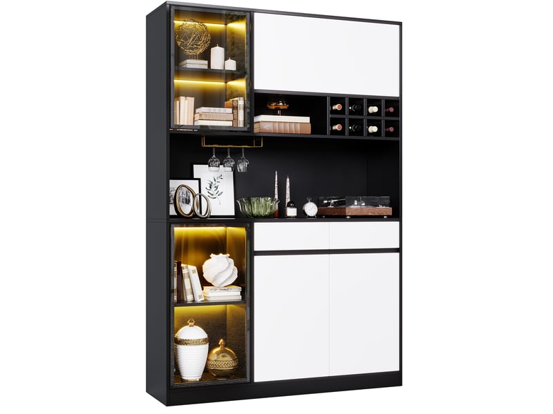  Buffet haut avec led et porte-verres 120x35x180 cm en mdf noir et blanc  - Conforama A