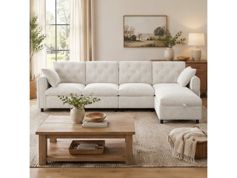  Canapé d'angle convertible modenvie réversible 4 places avec coffre beige 281 x 132 x 86 cm  - Conforama B