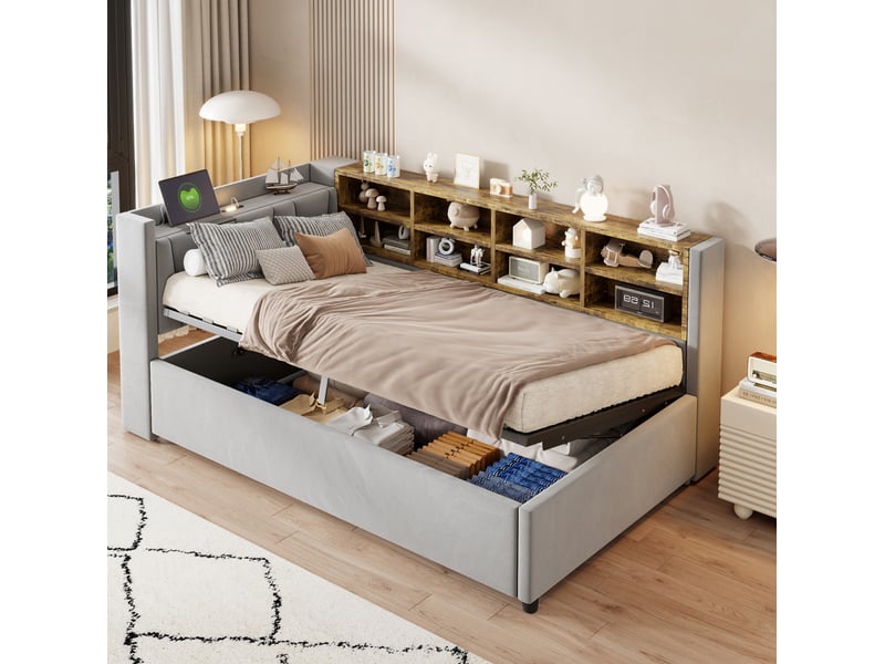  Lit coffre modenvie 90 x 200 cm en velours gris clair avec veilleuse usb type-c et rangements  - Conforama B