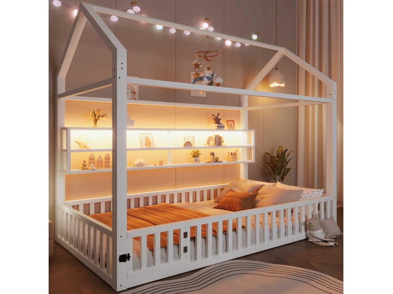  Lit cabane enfant 90x200cm avec barrière et lumières led, métal, blanc  - Conforama E