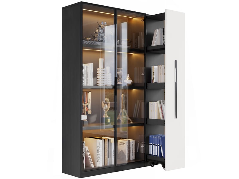  Armoire multifonction noir et blanc, vitrine en verre avec éclairage led, bibliothèque moderne pour salon, 110,5x35x160 cm.  - Conforama A