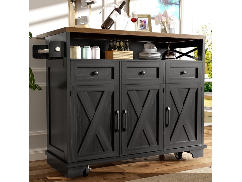  Desserte de cuisine avec 3 tiroirs et plateau rabattable sur roulettes, porte-serviettes, noire, 118 × 43-80 × 98 cm  - Conforama B