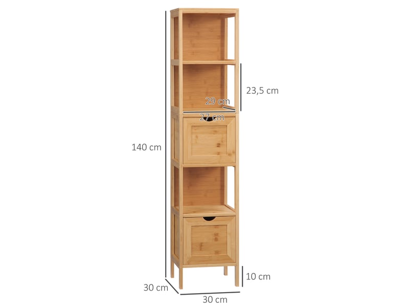  Meuble de salle de bain 3 étagères 2 tiroirs en bambou naturel 30 x 30 x 140 cm  - Conforama C