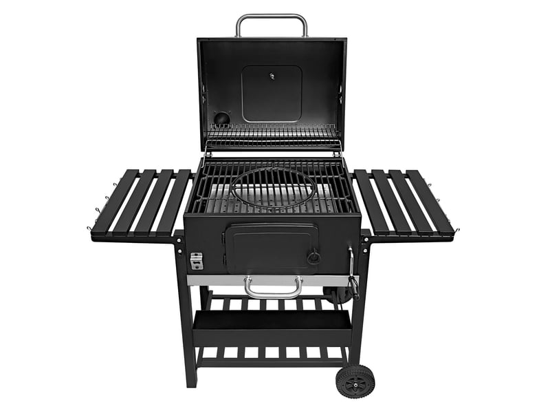 Barbecue fumoir xl au charbon sur chariot, cuisine extérieure jardin, acier inoxydable noir, 4 aérations, bac réglable, thermomètre, étagères, 217358 - Conforama B