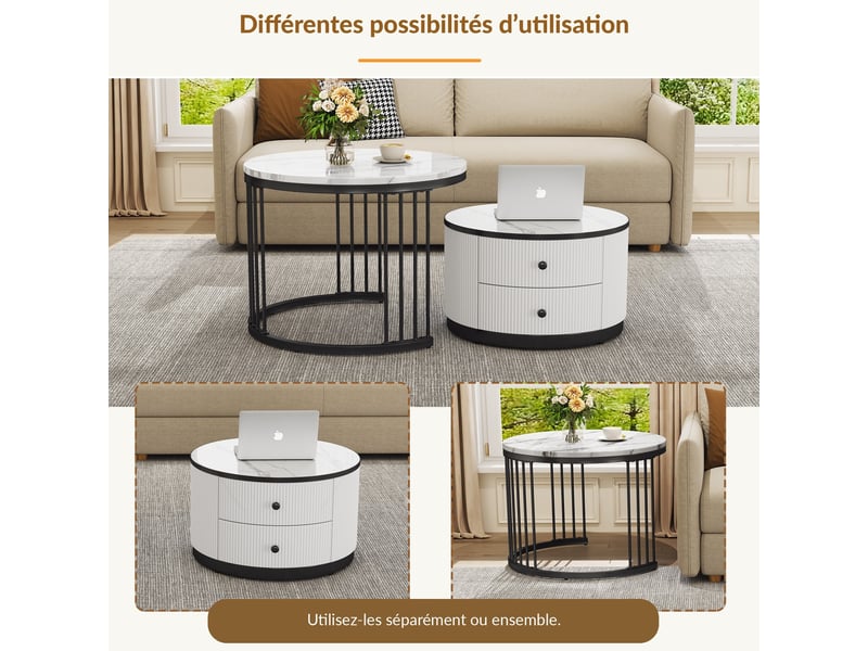  Lot de 2 tables basses gigognes rondes 60 et 50 cm, 2 tiroirs, effet marbre brillant, blanc et noir  - Conforama E