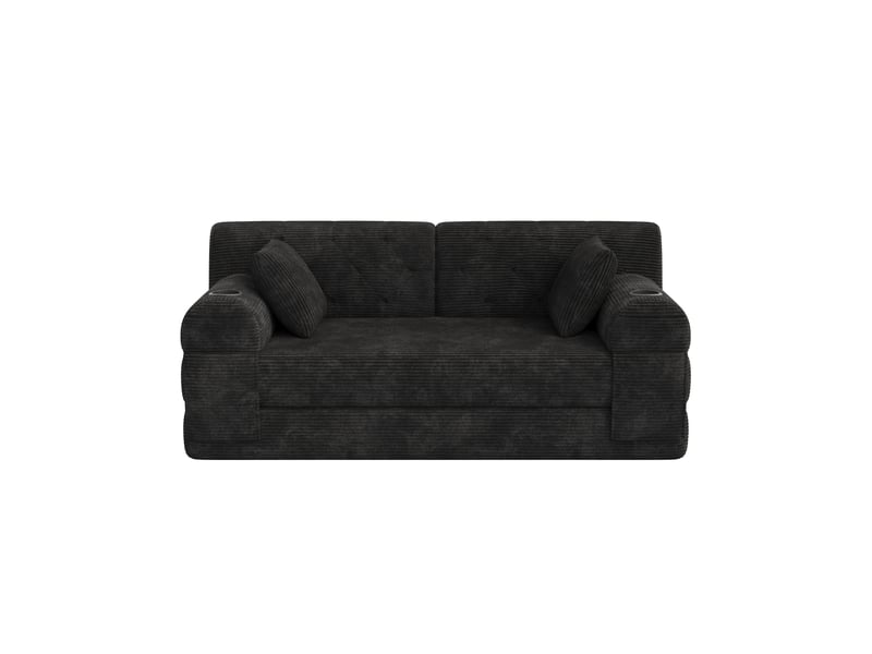 Canapé droit convertible 2 places 168 x 80 x 81 cm avec dossier haut, 2 porte-gobelets et 4 poches latérales, velours côtelé, noir Morn Vibe - Conforama A