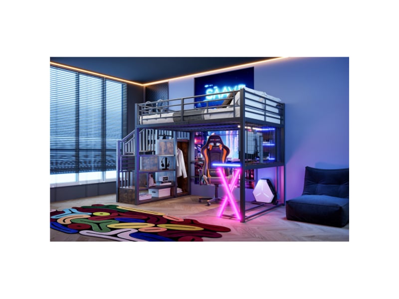  Lit mezzanine noir 140x200 avec bureau intégré, armoire, étagères, échelle de rangement et led – sans matelas  - Conforama E