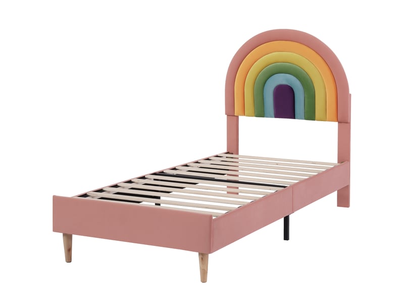  Lit rembourré en velours rose 90 x 200 cm, sommier à lattes, tête de lit réglable en hauteur  - Conforama E