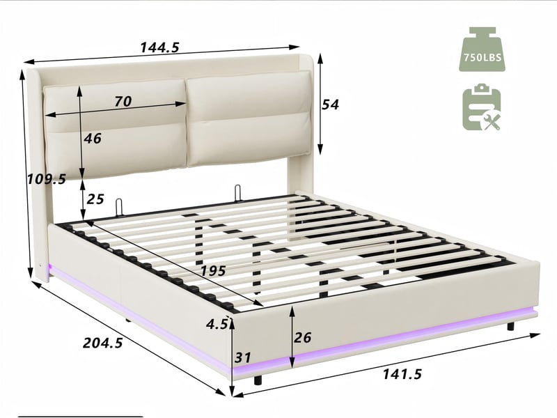  Lit coffre 140x200 cm - lit 2 places pu beige - sommier relevable - grand rangement  - Conforama C