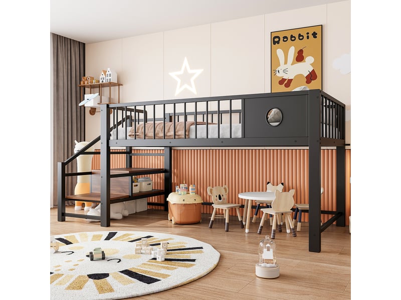 Lit mezzanine bas 90x200cm, échelle de rangement, cadre métal robuste, enfant ado, sécurité 120kg, noir - Conforama B
