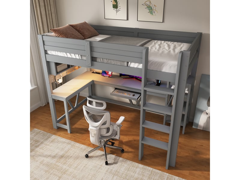  Lit mezzanine 90 x 200 cm avec bureau, penderie et étagères, tiroir pour clavier, prises usbusb-c et led en pin gris sans matelas  - Conforama R