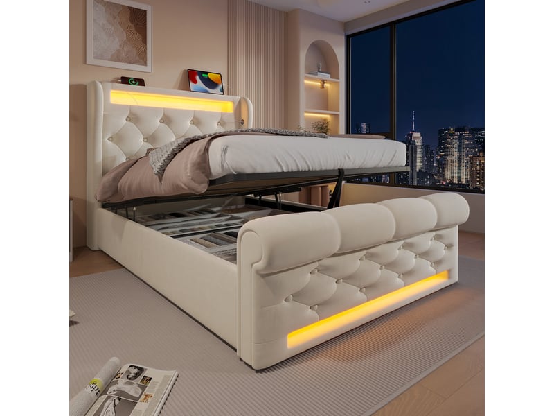 Lit capitonné,90x200 cm,avec led usb c,tête rangement coffre,velours,beige,matelas inclus - Conforama D
