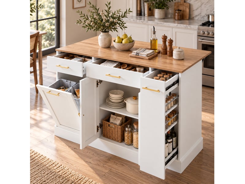  Îlot de cuisine 120x70x91,5 cm blanc et naturel avec plateau rabattable  - Conforama D