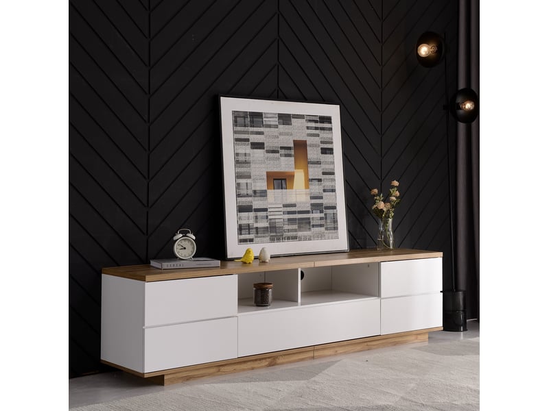 Meuble tv laqué blanc - rangement moderne avec portes et tiroirs, structure en mdf et finition bois clair, 180x38x46 cm - Conforama C