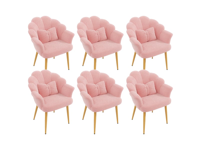  Lot de 6 fauteuils de salle à manger avec dossier pétale, accoudoirs, coussin nœud et pieds en métal doré, tissu bouclette teddy, rose evarich - Conforama A
