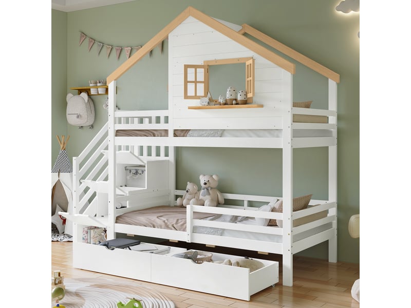  Lit superposé cabane 90x200 cm - avec fenêtres et échelle de rangement, espace de stockage sous le lit, mdf, blanc, sans matelas  - Conforama B