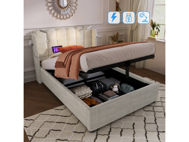  Lit 1 personne avec matelas, lit enfant avec led et tête de lit en lin, lit simple 90x200cm avec sommier à lattes, couleur naturelle  - Conforama C