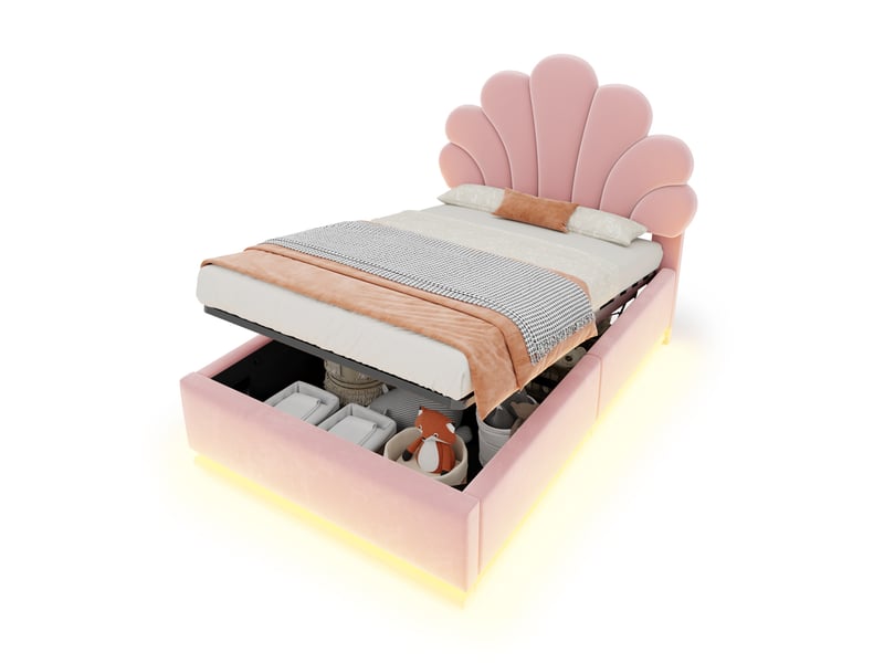  Lit coffre rembourré 90x200 cm coloris rose led velours  - Conforama A