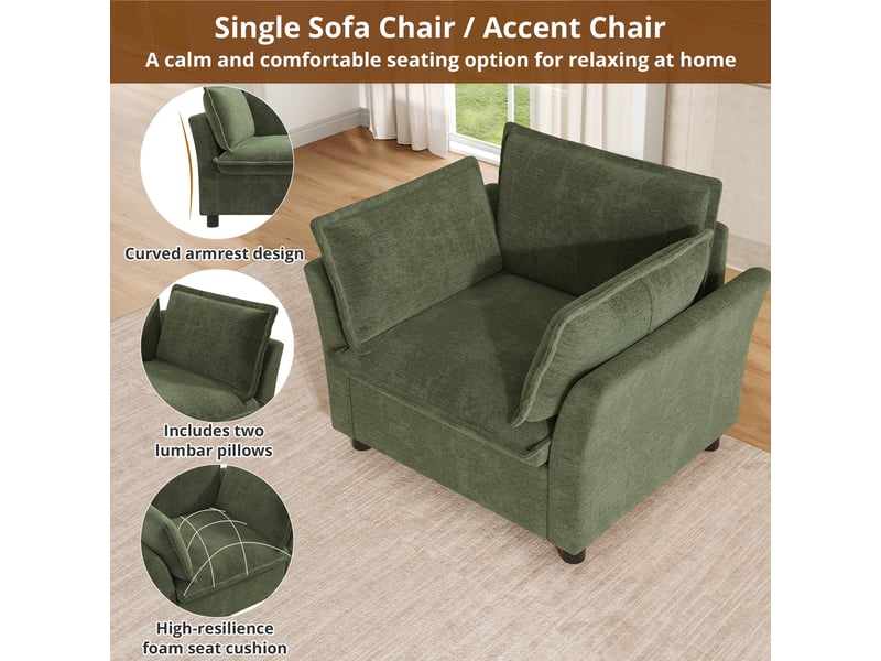  Fauteuil relax 1 place 90x81x87 cm avec accoudoirs, dossier et bras rembourrés moelleux, pour salon bureau petit espace, chenille, vert OMNIGLINT TRADING LTD - Conforama E