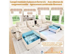 Canapé d'angle panoramique fixe OKMYHOME 6 places Polyester beige avec coffre de rangement