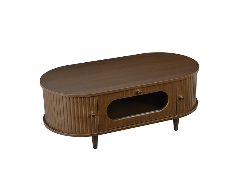  Table basse de salon 100 x 50 x 36 cm, avec un tiroir, un volet roulant et 4 pieds, couleur noyer  - Conforama E