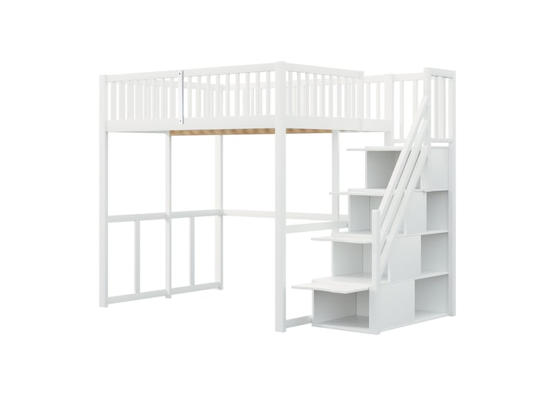  Lit mezzanine 140x200 cm en pin massif blanc, échelle avec rangement et barrières de sécurité  - Conforama E