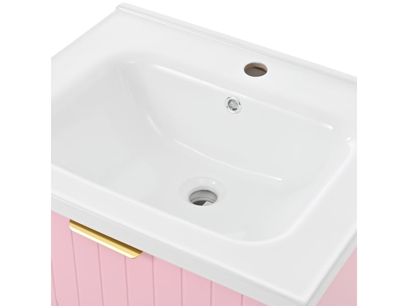  Meuble de salle de bain suspendu rose avec vasque. Meuble sous lavabo 60 cm avec rangement, structure mdf et céramique, rose et blanc.  - Conforama R