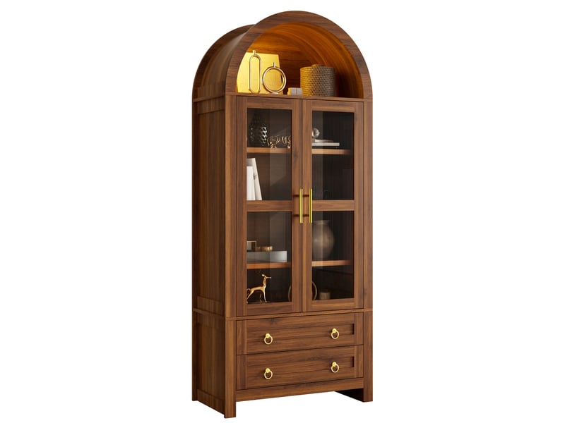  Buffet avec led 76x40x180 cm, 2 portes en verre trempé et 2 tiroirs, design rétro, mdf et panneau de particules, marron  - Conforama A