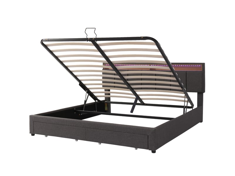  Lit rembourré avec éclairage led, lit coffre hydraulique avec coffre de lit, tiroirs et compartiments de rangement, tête de lit en mousse escamotable, lit double avec cadre en acier, linge de lit, 160 x 200 cm, gris  - Conforama D