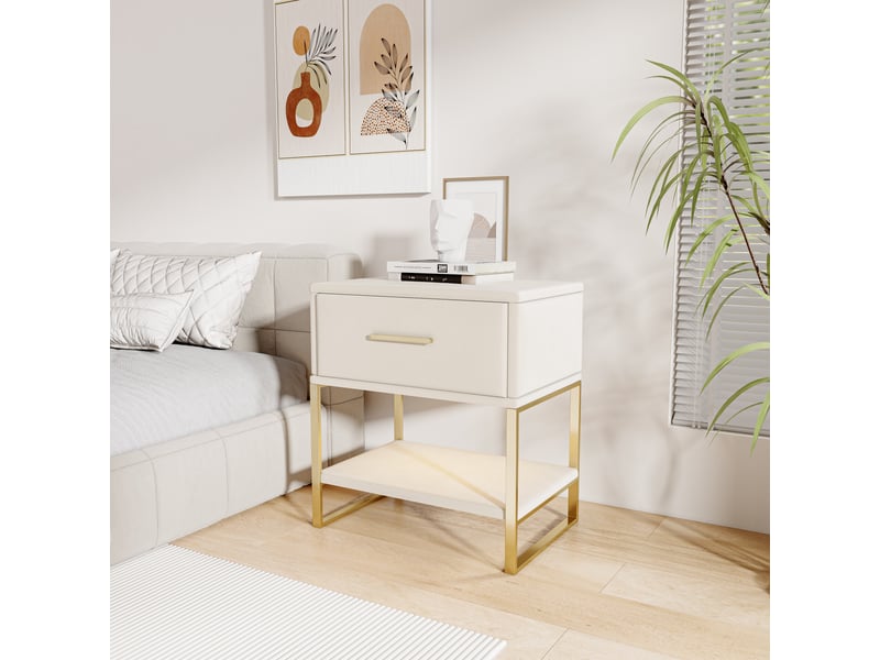  Table de chevet en velours (lot de 2), poignées et pieds dorés, 40 x 31 x 50 cm, beige  - Conforama B