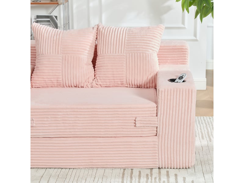  Canapé droit 2 places en velours côtelé rose, design contemporain avec coussins et rangement latéral intégré pour salon moderne  - Conforama E