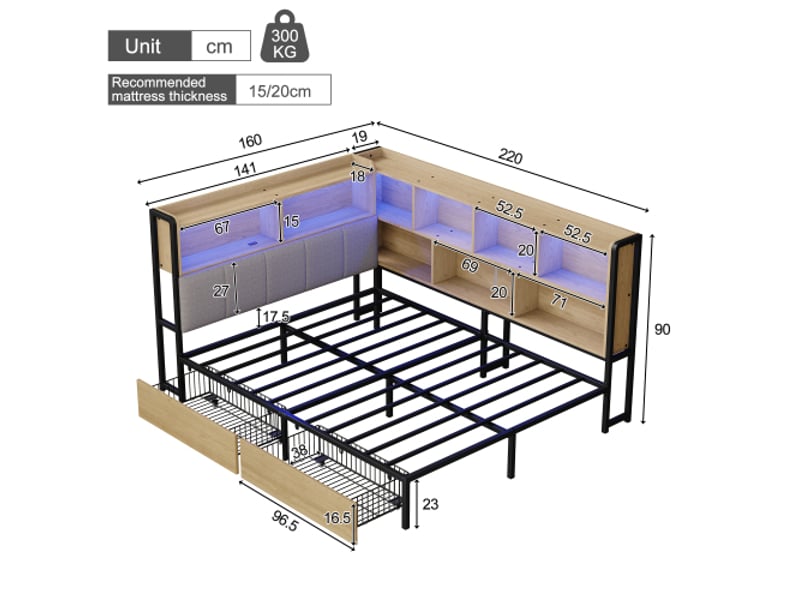  Lit double 140x200 cm avec led et 2 tiroirs, lit enfant avec usbtype-c et tête de lit rangement, naturel Bubbly - Conforama D
