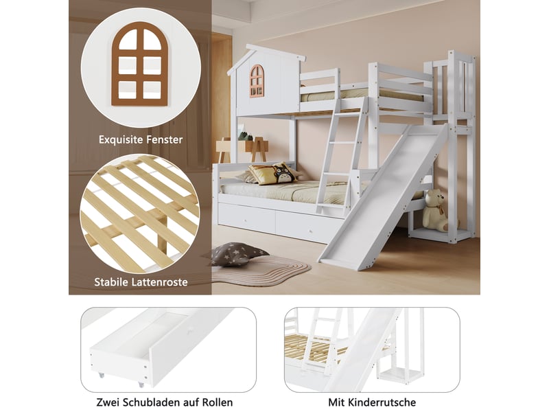  Lit superposé 90x200 &amp; 120x200cm, fenêtres, échelle inclinée 4 marches, toboggan, 2 tiroirs, blanc  - Conforama E
