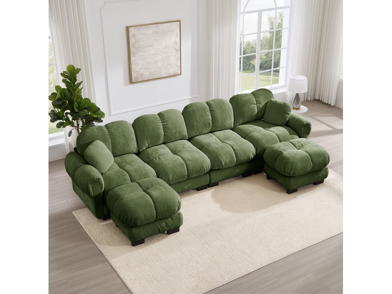  Canapé d'angle modulaire 4 places en tissu vert, forme u avec 2 ottomanes mobiles et dossier ergonomique  - Conforama E