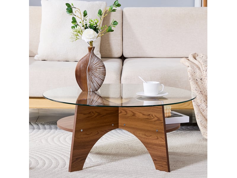  Table basse ulevr ronde ø80 cm en verre de sécurité transparent, piètement mdf décor noyer, hauteur 36 cm  - Conforama D