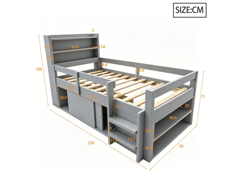 Lit enfant multifonction 90x200 cm avec étagères, placards coulissants et rangements, lit en bois avec led et ports usb, gris OPULERANE TRADING LTD - Conforama C