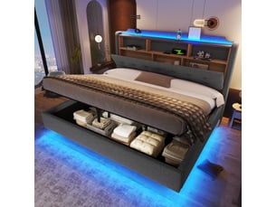 Lit coffre king size 180x200cm - lit suspendu design flottant avec éclairage led, tête de lit étagère, prises usb & type-c, tissu lin gris