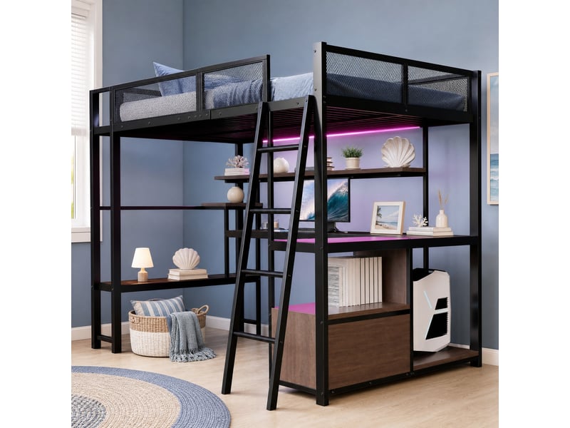  Lit mezzanine 140x200 cm avec bureau, led, rangements et station de charge, noir  - Conforama B