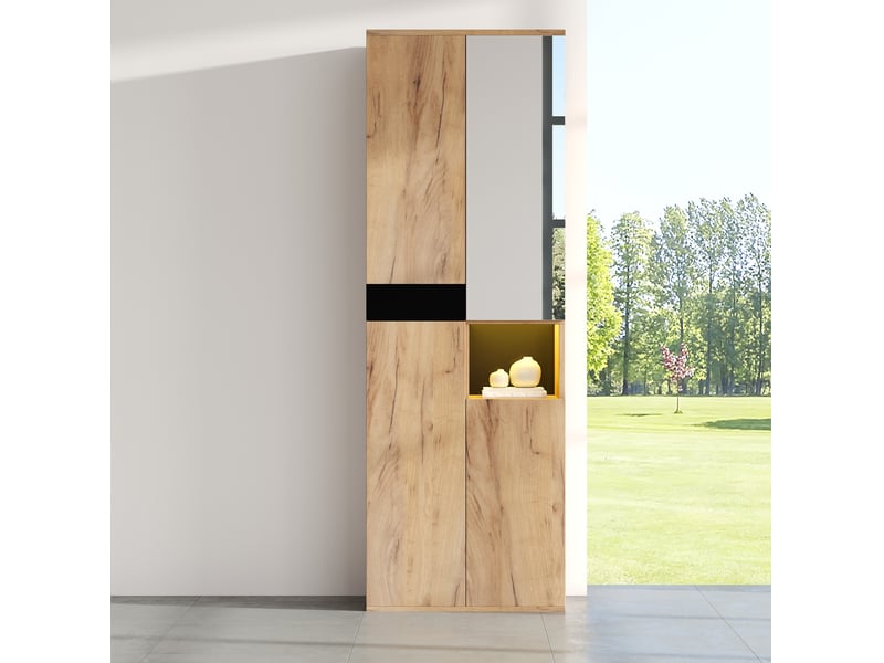  Buffet haut 65x35x190cm, quatre portes, miroir, motif bois, style épuré, panneau de particules, coloris bois et noir  - Conforama D