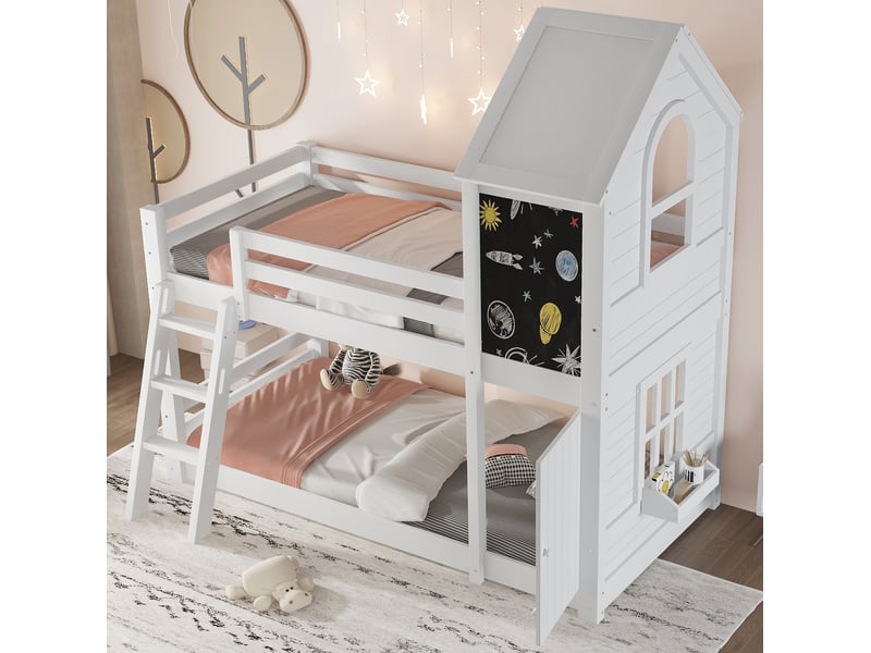  Modenvie lit superposé enfant 90x200 cm - avec tableau, fenêtres et toit, sans matelas - blanc  - Conforama B
