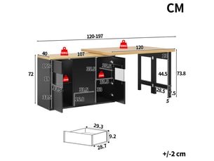 Îlot de cuisine noir rotatif 360° 120–197cm avec led rgb via appli, portes vitrées, 4 grands tiroirs, étagères réglables