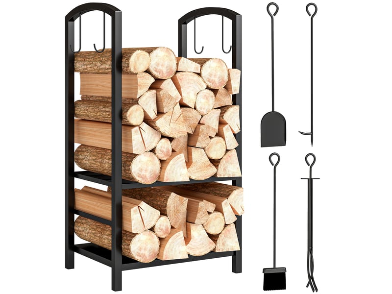  Porte-bûches en métal noir, 2 niveaux surélevés, 4 accessoires, capacité 100 kg  - Conforama A
