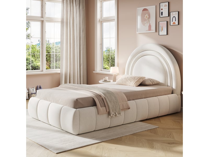  Lit coffre enfant simple 90×200 cm, rangement et tête rembourrée - okmyhome- en velours beige, sans matelas  - Conforama B